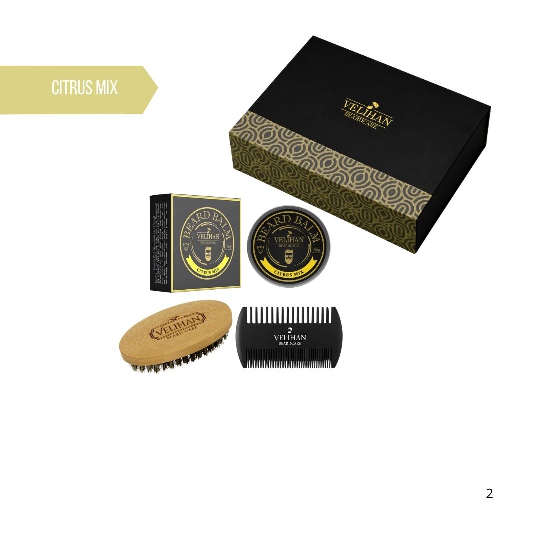 Cadeau Pakket - Baardverzorging Trio Pack Baardbalsem Citrus Mix, Baardborstel en Baardkam