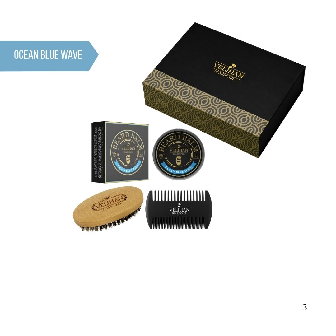 Cadeau Pakket - Baardverzorging Trio Pack Baardbalsem Ocean Blue Wave, Baardborstel en Baardkam