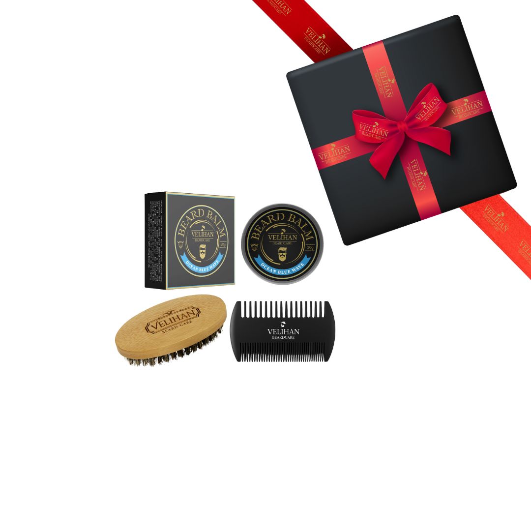 Geschenkpaket - Bartpflege Trio Pack Bartbalsam Ocean Blue Wave, Bartbürste und Bartkamm