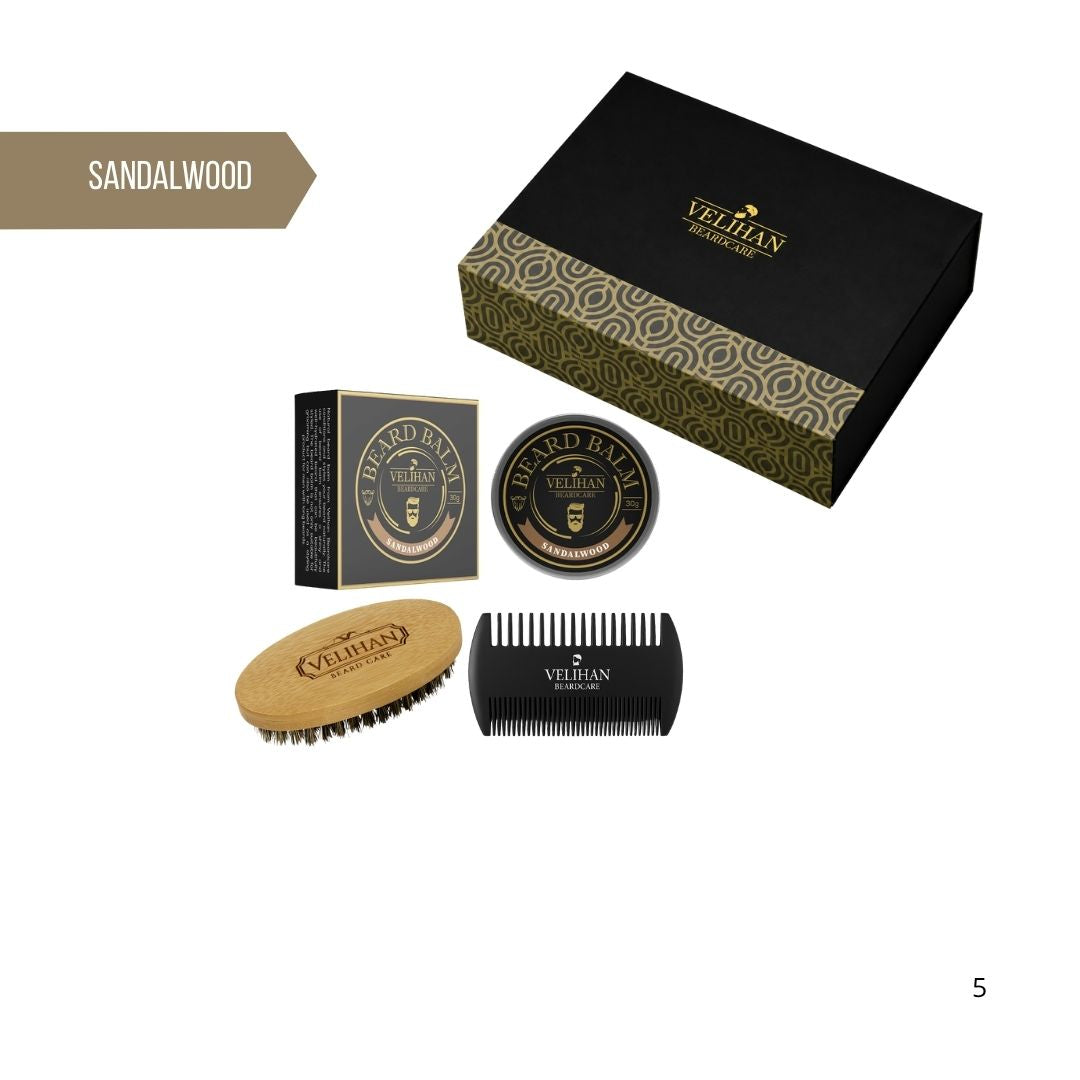 Cadeau Pakket - Baardverzorging Trio Pack Baardbalsem Sandalwood, Baardborstel en Baardkam