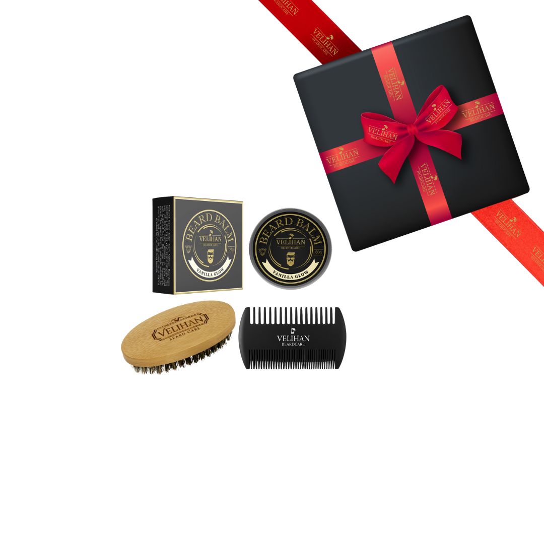 Geschenkpaket - Bartpflege-Trio-Packung Bartbalsam Vanilla Glow, Bartbürste und Bartkamm