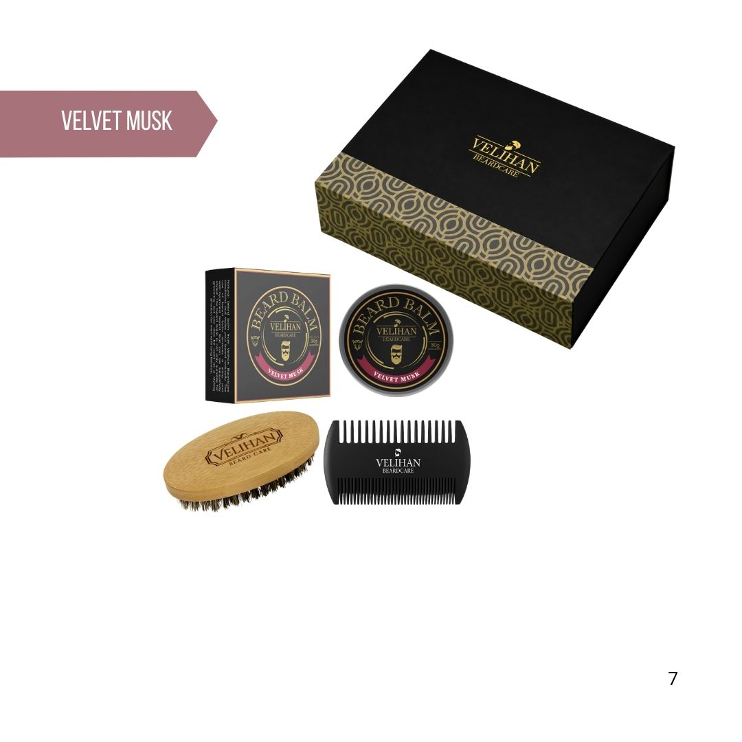 Cadeau Pakket - Baardverzorging Trio Pack Baardbalsem Velvet Musk, Baardborstel en Baardkam