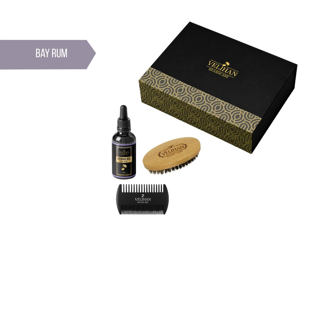 Cadeau Pakket - Baardverzorging Trio Pack Baardolie Bay Rum, Baardborstel en Baardkam