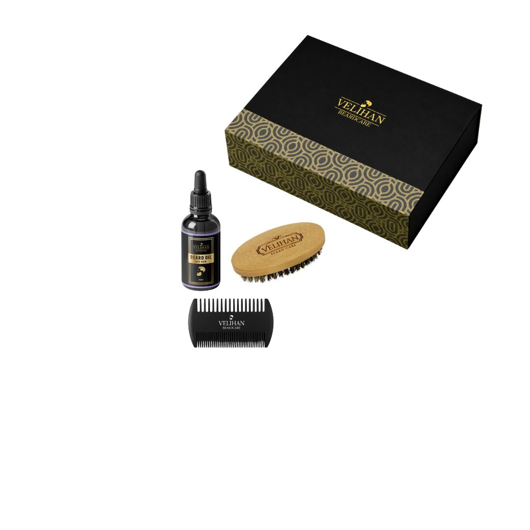 Cadeau Pakket - Baardverzorging Trio Pack Baardolie Bay Rum, Baardborstel en Baardkam