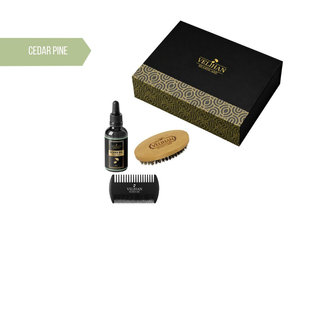 Cadeau Pakket - Baardverzorging Trio Pack Baardolie Cedar Pine, Baardborstel en Baardkam