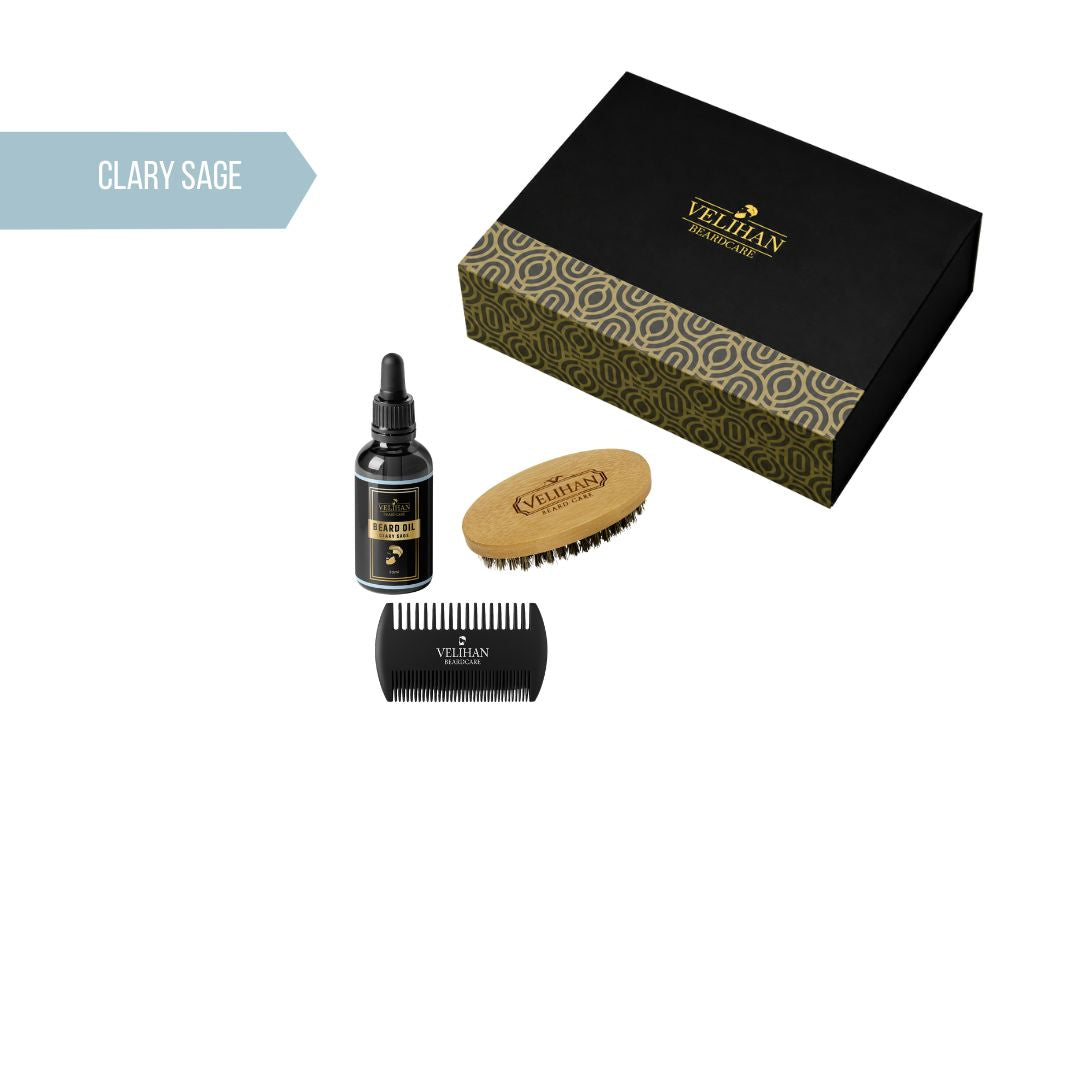 Cadeau Pakket - Baardverzorging Trio Pack Baardolie Clary Sage, Baardborstel en Baardkam