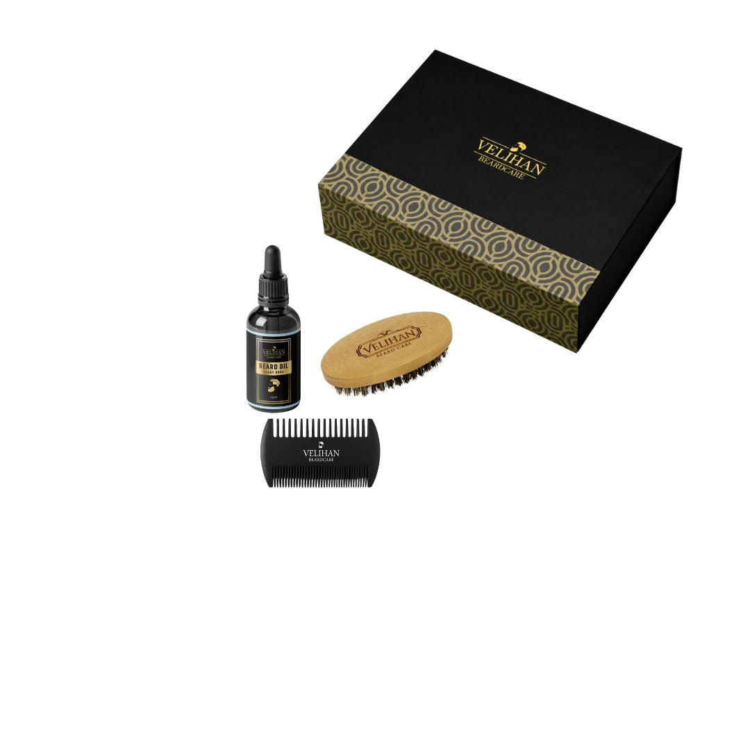Geschenkset – Bartpflege-Trio-Pack Bartöl Clary Sage, Bartbürste und Bartkamm
