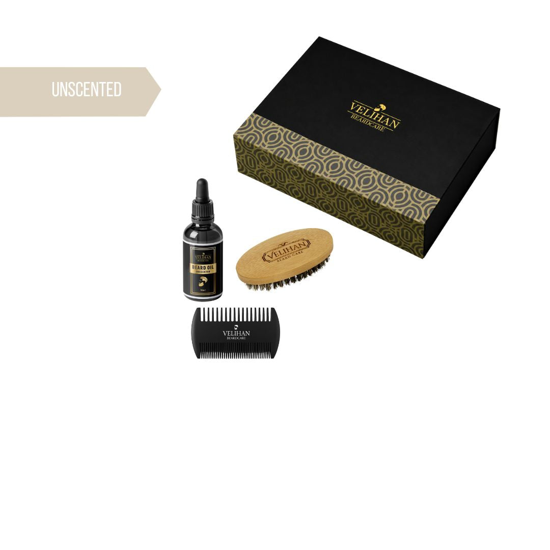 Cadeau Pakket - Baardverzorging Trio Pack Baardolie Unscented (geurvrij), Baardborstel en Baardkam