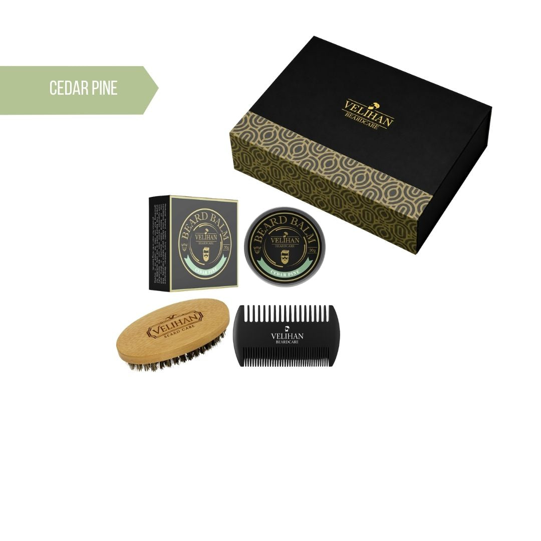 Cadeau Pakket - Baardverzorging Trio Pack Baardbalsem Cedar Pine, Baardborstel en Baardkam