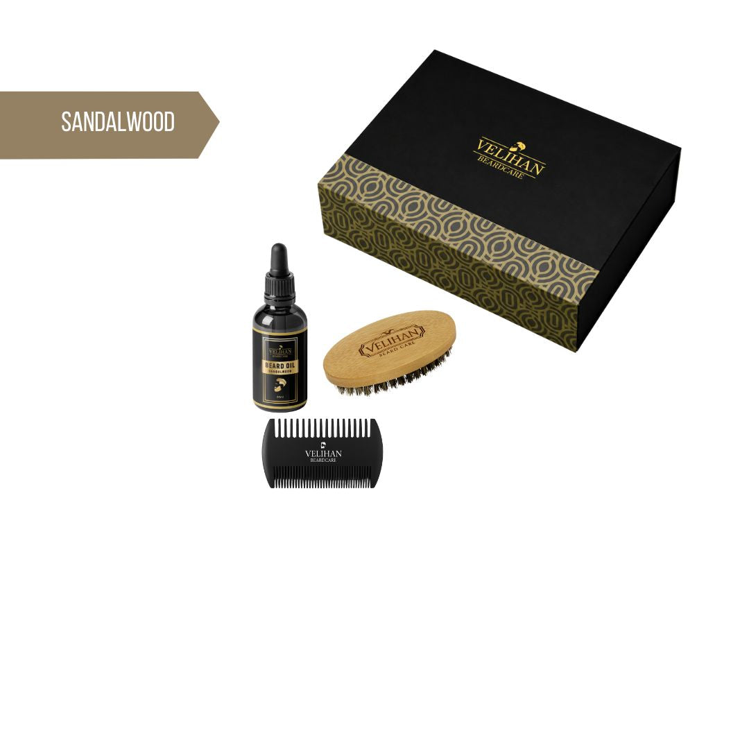 Cadeau Pakket - Baardverzorging Trio Pack Baardolie Sandalwood, Baardborstel en Baardkam