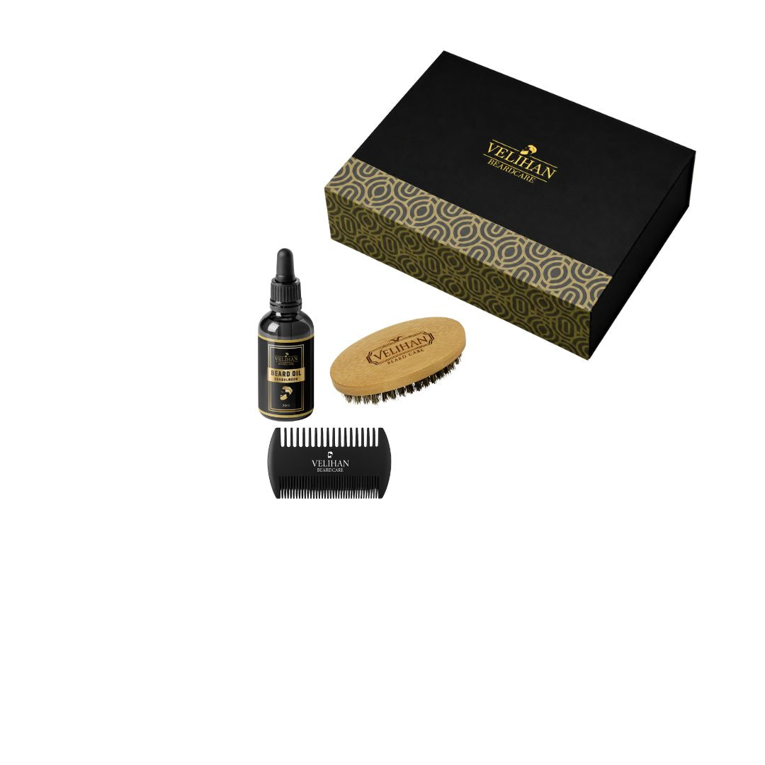 Cadeau Pakket - Baardverzorging Trio Pack Baardolie Sandalwood, Baardborstel en Baardkam