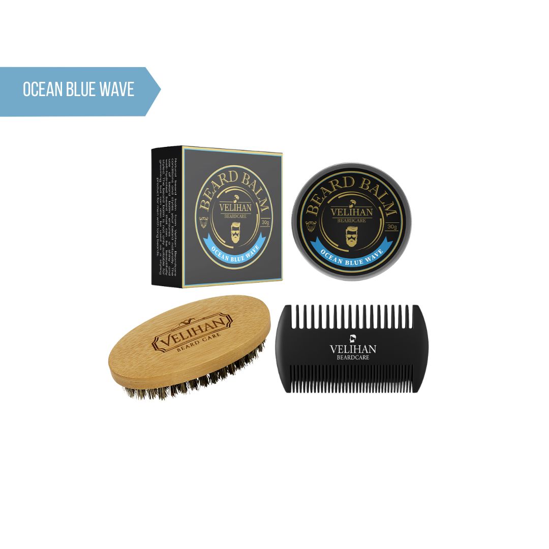 Baardverzorging Trio Pack Baardbalsem Ocean Blue Wave, Baardborstel en Baardkam - Baardverzorging set