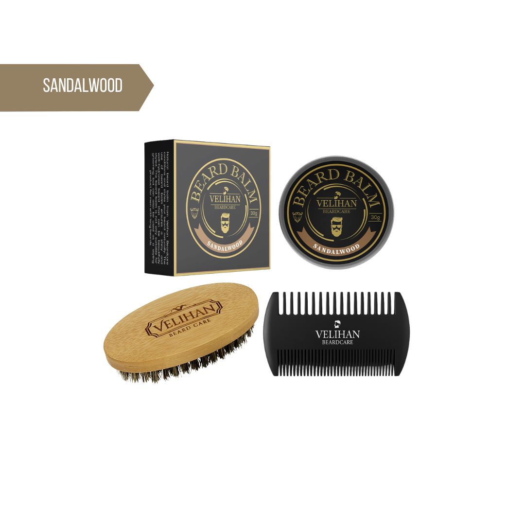 Baardverzorging Trio Pack Baardbalsem Sandalwood, Baardborstel en Baardkam - Baardverzorging set
