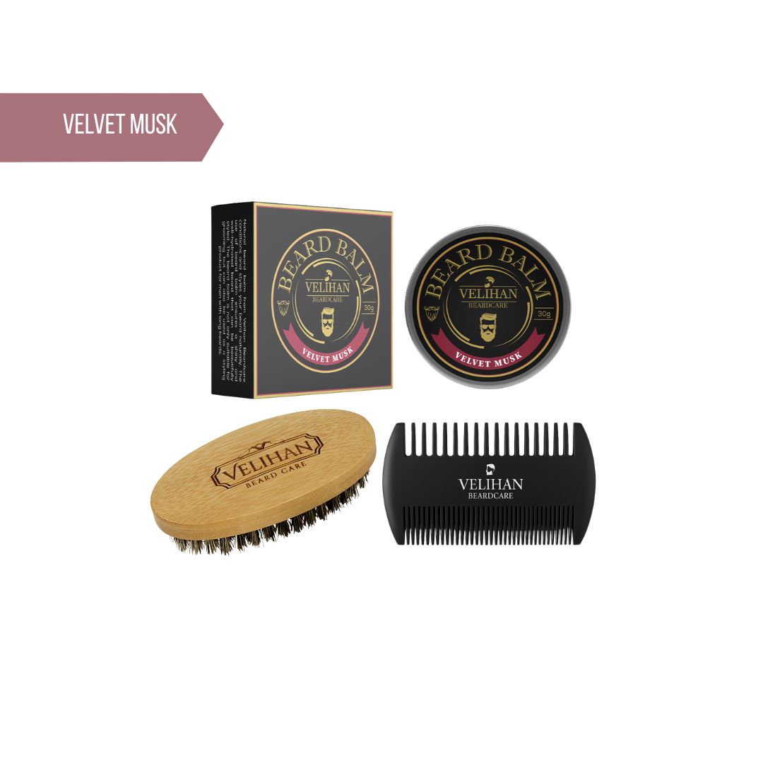 Baardverzorging Trio Pack Baardbalsem Velvet Musk, Baardborstel en Baardkam - Baardverzorging set