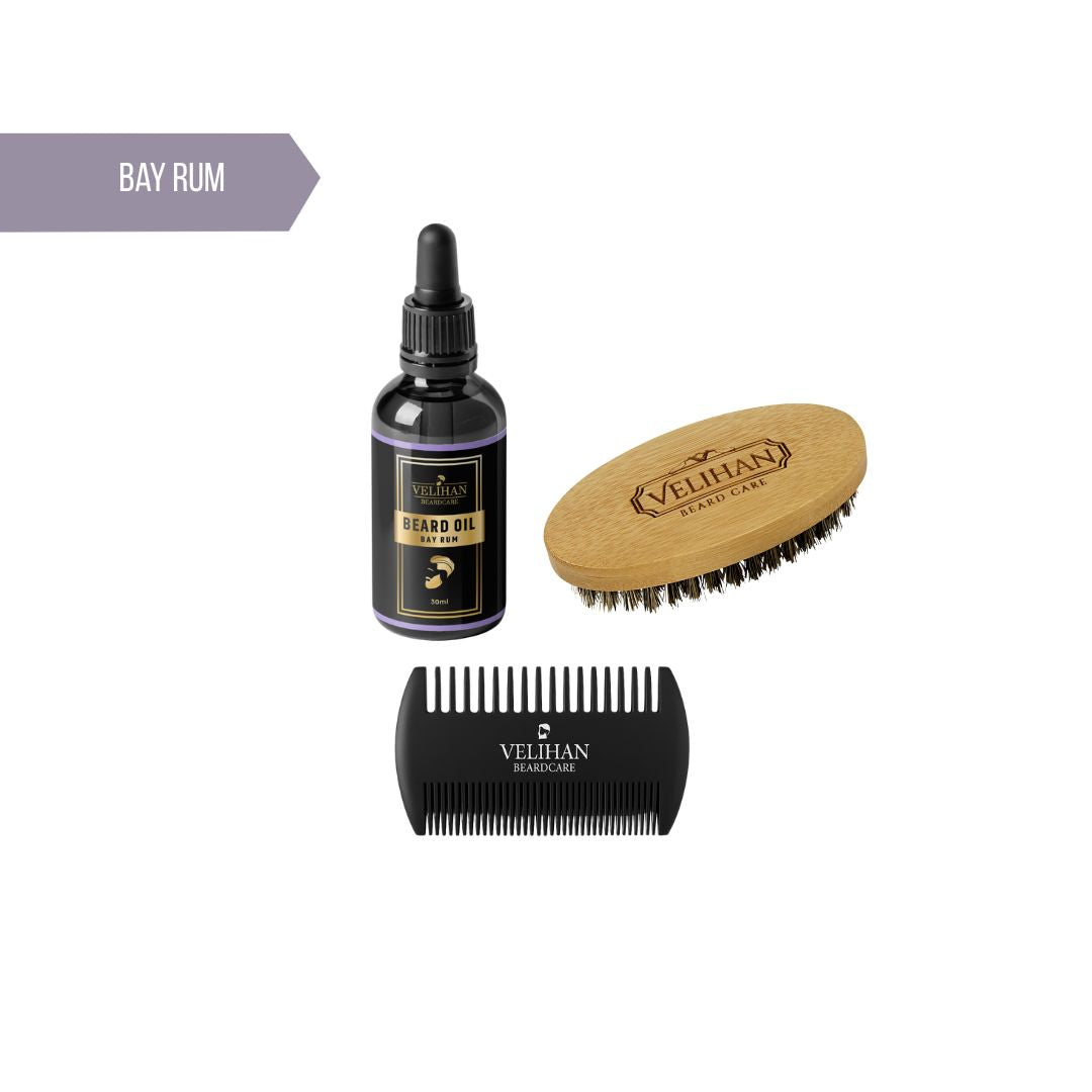 Baardverzorging Trio Pack Baardolie Bay Rum, Baardborstel en Baardkam - Baardverzorging set