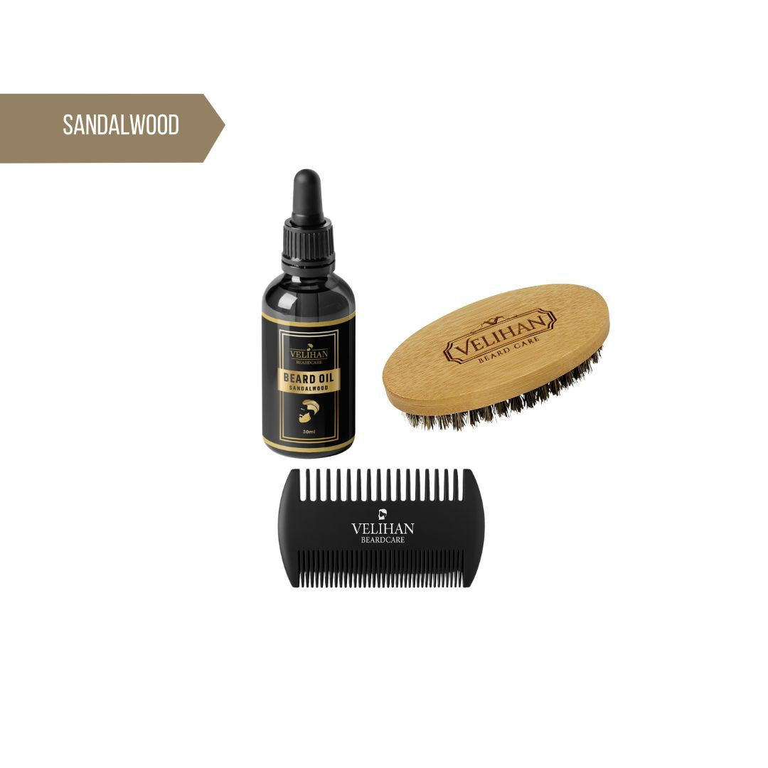 Baardverzorging Trio Pack Baardolie Sandalwood, Baardborstel en Baardkam - Baardverzorging Set