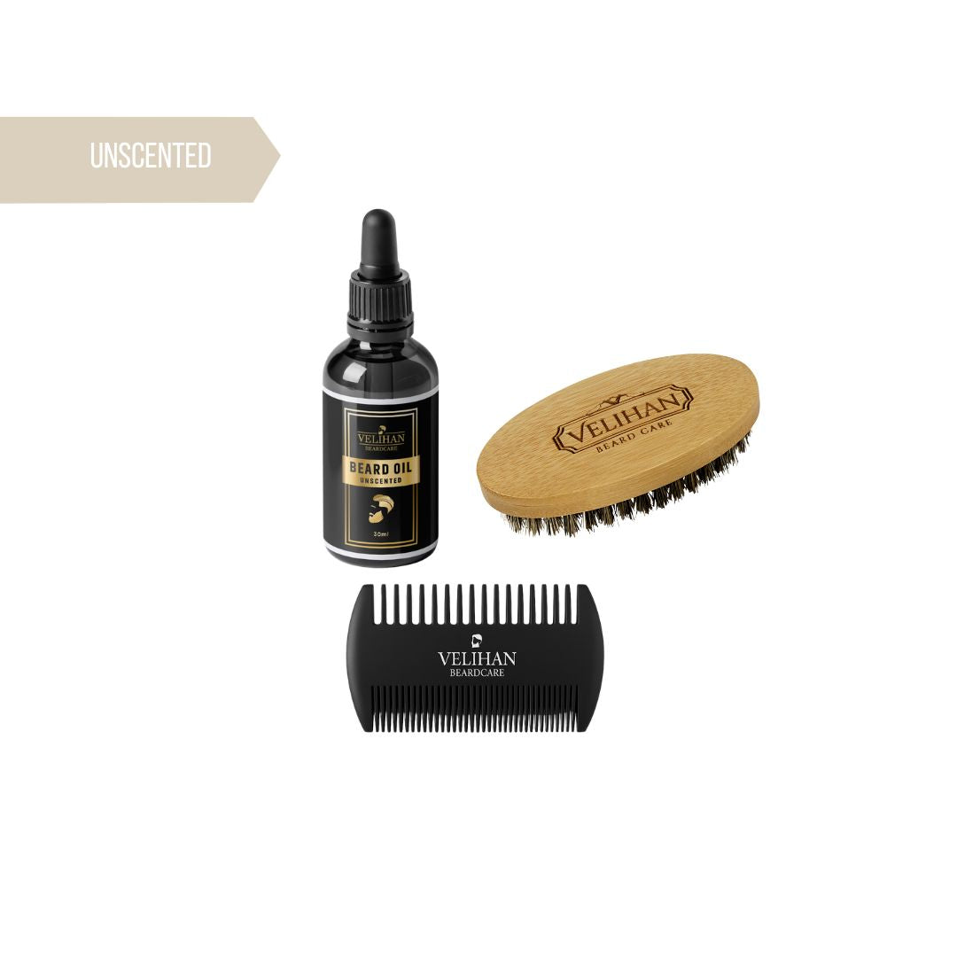 Baardverzorging Trio Pack Baardolie Unscented, Baardborstel en Baardkam - Baardverzorging Set